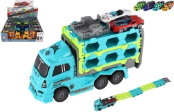 Πλαστικό φορτηγό-μεταφορέας αυτοκινήτων με αδράνεια 22 εκ. + 2 σπορ αυτοκινητάκια