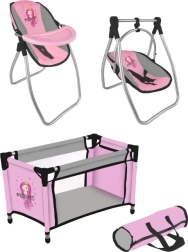 Σετ για κούκλες Princess pink grey – ταξιδιωτικό κρεβατάκι και καρεκλάκι 2 σε 1 με κούνια