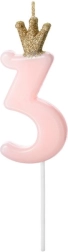 Κερί τούρτας ροζ με κορώνα σε σχήμα αριθμού 3