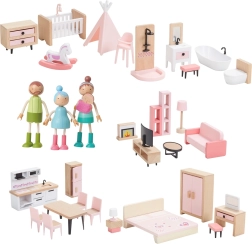 Ξύλινο σετ επίπλων για κουκλόσπιτο με οικογένεια 5 σε 1