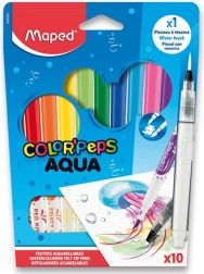 Μαρκαδόροι Fixy MAPED Color'Peps Aqua με εφέ πινέλου, σετ 10 χρωμάτων + υδάτινο πινέλο