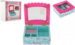 Ξύλινη κοσμηματοθήκη με λουλούδια και καθρέφτη, τιρκουάζ‑ροζ