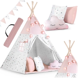 Παιδική σκηνή teepee με γιρλάντα και φωτάκια NUKIDO – ροζ