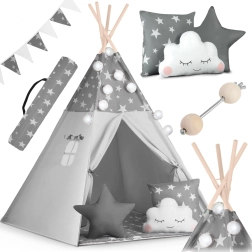 Παιδικό teepee NUKIDO με φωτάκια και γιρλάντα – γκρι με αστεράκια
