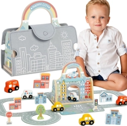 Tooky Toy φορητή μίνι πόλη – ξύλινο σετ με δρόμους και αυτοκινητάκια