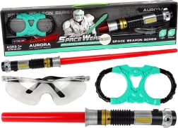 Κοσμικό σετ: φωτόσπαθο με τιρκουάζ φως και προστατευτικά γυαλιά με ήχο