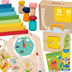 Tooky Toy εκπαιδευτικό κουτί Montessori 6σε1: κουτί με κλειδαριές, πέτρες ισορροπίας, πίνακας καιρού, μέτρηση 1–10, ζωγραφική και βιβλιαράκι
