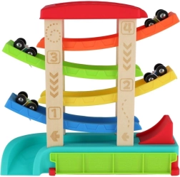 Καταρρακτώδης αγωνιστική πίστα για μικρά αυτοκινητάκια με 4 οχήματα, ξύλο και πλαστικό, 33 × 32 × 10 εκ.