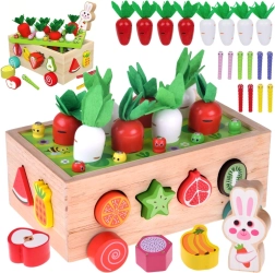 Ξύλινο μοντεσσοριανό κηπουρικό καροτσάκι με συγκομιδή καρότων, σχήματα και μαγνητικά σκουληκάκια