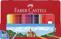 Ξύλινες εξάγωνες ξυλομπογιές FABER-CASTELL 48 τεμ. σε μεταλλική κασετίνα με ξύστρα, γόμα και μολύβια