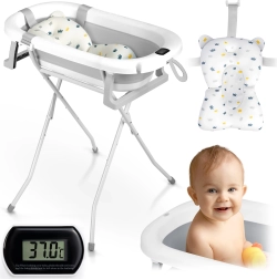 Πτυσσόμενη παιδική μπανιέρα Ricokids με βάση, θερμόμετρο και ένθετο για νεογέννητα – Λευκό-γκρι