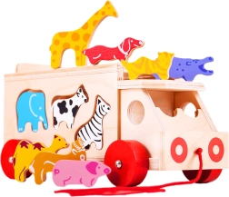 Bigjigs Toys ξύλινο όχημα-συρόμενο με ζωάκια και σφήνωμα σχημάτων