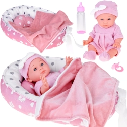 Υφασμάτινη κούκλα μωρό με ροζ φωλίτσα και αξεσουάρ