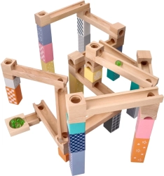 Ξύλινη παστέλ μαρμπλοράμπα, 53 κομμάτια + 6 γυάλινες μπίλιες