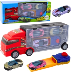 Κόκκινο φορτηγό με κινητό γκαράζ και εκτοξευτή + 3 αυτοκινητάκια