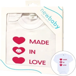 Βρεφικό κορμάκι με στάμπα New Baby MADE IN LOVE, συσκευασία δώρου (μέγεθος 56, 0–3 μηνών)