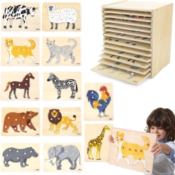 Σετ ξύλινων παζλ 12 ζώων Montessori με βάση Viga