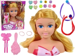 Κεφαλή κούκλας για styling με χάντρες, τσιμπιδάκια και πολύχρωμες τούφες