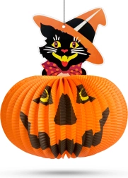 Χάρτινο φαναράκι Halloween σε σχήμα κολοκύθας με μοτίβο γάτας – 1 τεμάχιο