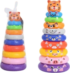 Πολύχρωμη στοίβα πυραμίδας με δαχτυλίδια και αυτοκόλλητα ζωάκια τίγρης