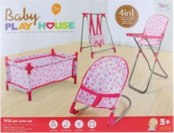 Σετ για κούκλες 4-σε-1 με κρεβατάκι, κούνια, ρηλάξ και καρεκλάκι φαγητού