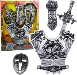 Μεγάλο σετ ιπποτικού: μάσκα, πανοπλία, σπαθί, προστάτης ασημένιος