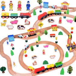 Ξύλινος σιδηρόδρομος με μηχανή και φιγούρες