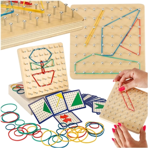 Ξύλινο geoboard – εκπαιδευτικός γεωπίνακας με πολύχρωμα λαστιχάκια και κάρτες μοτίβων