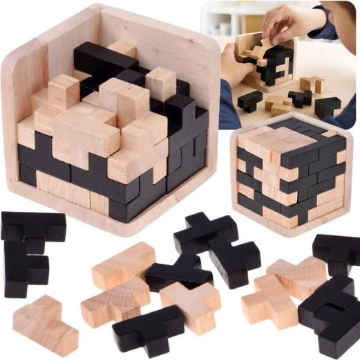 Ξύλινος 3D λογικός κύβος Tetris σε μαύρο-φυσικό