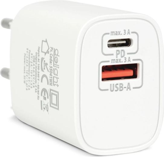 Επιτοίχιος φορτιστής USB με USB-C PD 20 W, λευκός