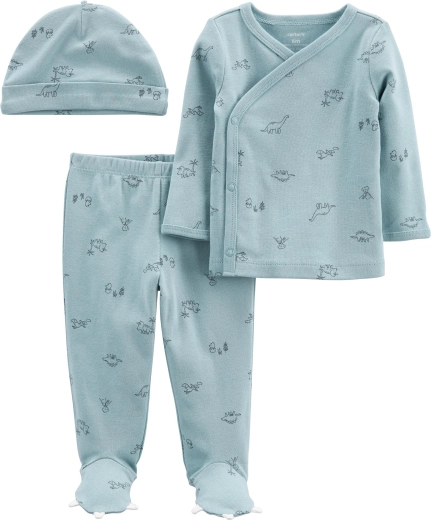 Βρεφικό σετ 3 τεμαχίων Carter’s Blue Dino – μπλούζα με μακρύ μανίκι, παντελονάκι με κλειστά πατουσάκια και σκουφάκι