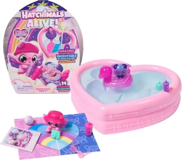 Hatchimals νεονό πάρτι ζώων με ουράνιο τόξο στην πισίνα – πισινάκι σε σχήμα καρδιάς και 2 αυγά