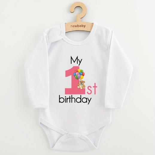 Παιδικό κορμάκι με στάμπα New Baby My First Birthday ροζ, μέγεθος 86 (12–18 μηνών)