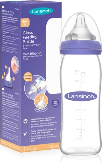 Lansinoh γυάλινο μπιμπερό με θηλή NaturalWave (M) 240 ml