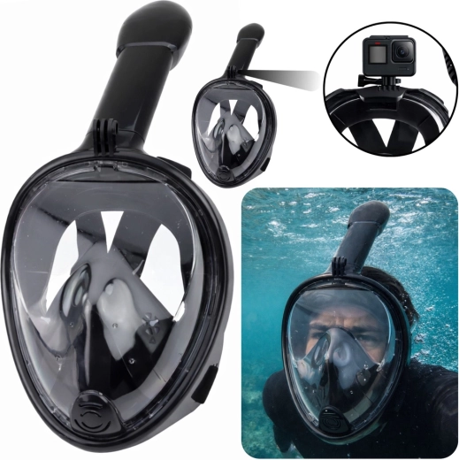 Μάσκα κατάδυσης full-face για snorkeling με πανοραμική θέα 180° και σύστημα κατά του θαμπώματος (AntiFog), μαύρη L/XL
