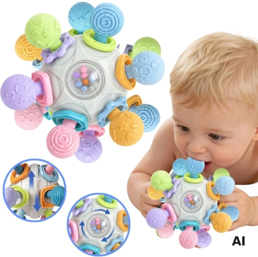 Woopie Baby αισθητηριακή μπαλίτσα 3σε1 με μασητικό και κουδουνίστρα 6μ+ - 1 τεμάχιο