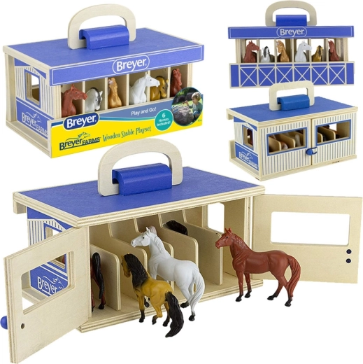 Breyer Stablemates Farms ξύλινος φορητός στάβλος μεταφοράς με 6 άλογα