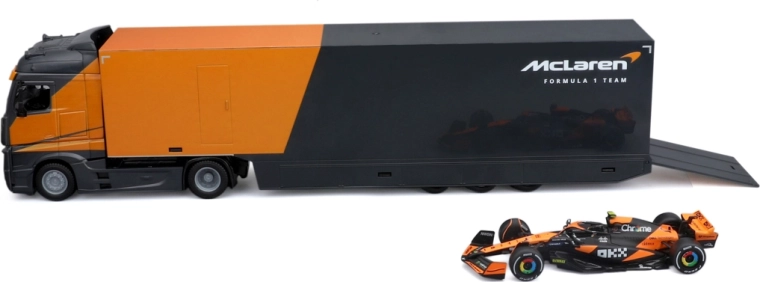 Bburago racing hauler τράκτορας με ρυμουλκούμενο και Formula 1 McLaren MCL38 2024 Lando Norris 1:43