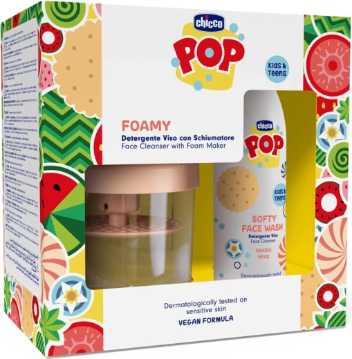 Chicco pop softy απαλό καθαριστικό τζελ προσώπου vanilla wrap 150 ml με δοχείο αφροποίησης
