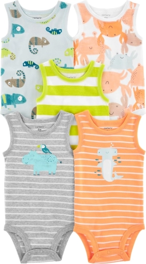 Βρεφικά κορμάκια Carter's χωρίς μανίκια Stripes Animals – σετ 5 τεμ. για αγόρια – 3m