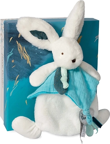 Δωροσετ Doudou – λούτρινο κουνελάκι με πανάκι αγκαλιάς 25 cm μπλε