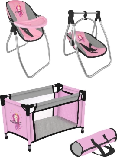 Σετ για κούκλες Princess pink grey – ταξιδιωτικό κρεβατάκι και καρεκλάκι 2 σε 1 με κούνια