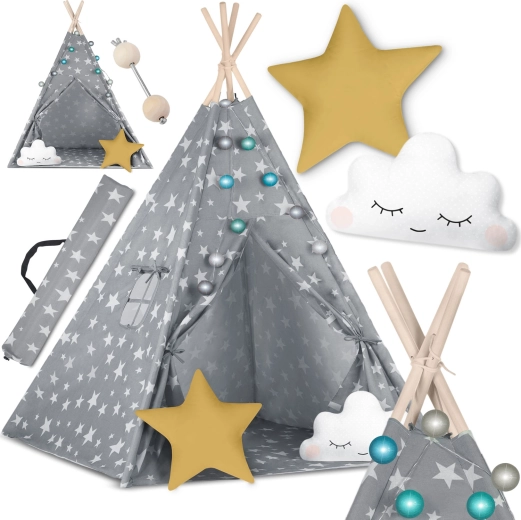 Παιδική σκηνή teepee NUKIDO με φωτάκια – γκρι με αστεράκια