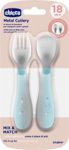 Chicco ανοξείδωτο κουτάλι και πιρούνι, teal, από 18 μηνών