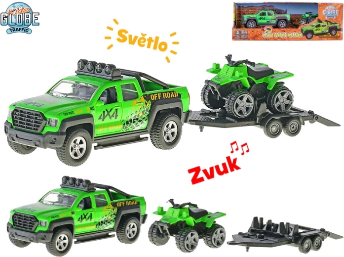 Kids Globe Traffic αυτοκίνητο με ρυμουλκούμενο και τετράτροχη, μεταλλικό μοντέλο 13 cm με φώτα και ήχους