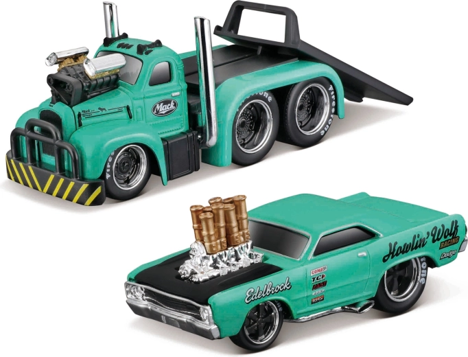 Maisto Muscle transports Mack B-61 flatbed με Dodge Dart HEMI gasser 1:64
