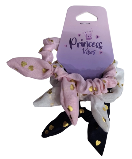 PINK σετ λαστιχάκια μαλλιών scrunchie με φιόγκο και χρυσές καρδούλες - 3 τεμ.