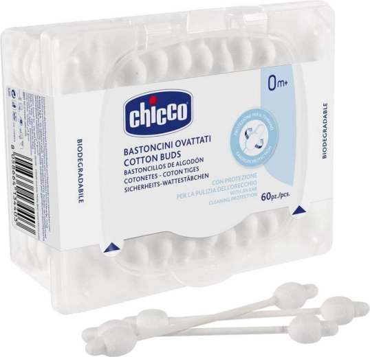 Μπατονέτες Chicco με ανατομικό σχήμα, 100% βαμβάκι, 60 τεμ.