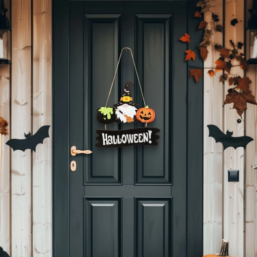 Ξύλινη κρεμαστή διακοσμητική πινακίδα Halloween με καλικάντζαρο και κολοκύθα