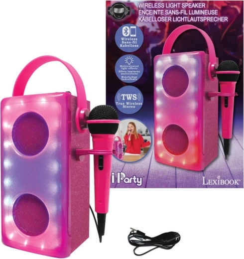 Ροζ φορητό ηχείο karaoke Bluetooth με μικρόφωνο LEXIBOOK iParty με φωτεινά εφέ